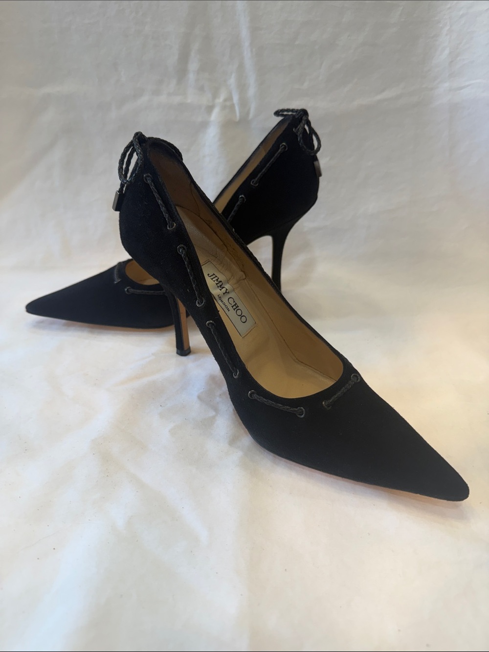 Jimmy Choo Black Suede Pointed-Toe Tie-Back Heels